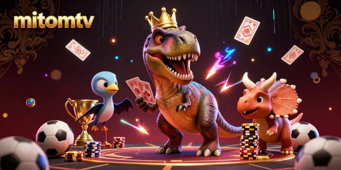 Mitomtv brings excitement with a T-Rex shuffling cards and a pterodactyl assisting, perfect for sports betting enthusiasts.
