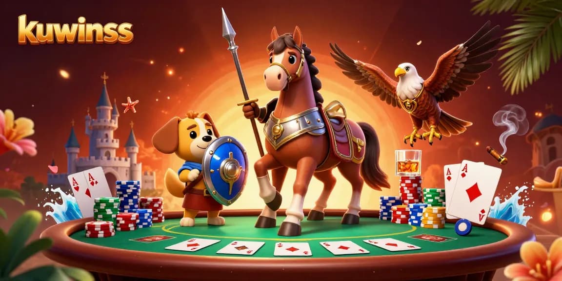 Kuwinss engaging poker scene featuring a knight, squire, and falcon with vibrant casino elements.