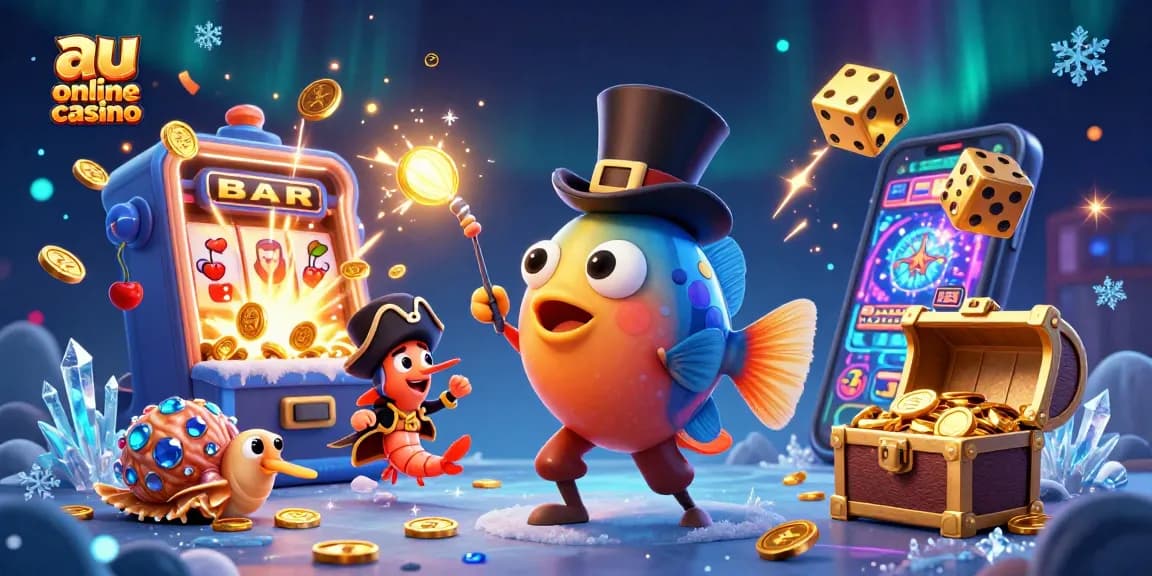 A colorful depiction of au online casino elements featuring a deep-sea anglerfish, coins, and a slot machine.
