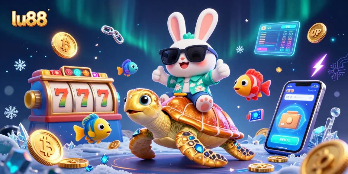 Experience winning moments at lu88 with a lucky rabbit riding a golden sea turtle in a vibrant casino scene.