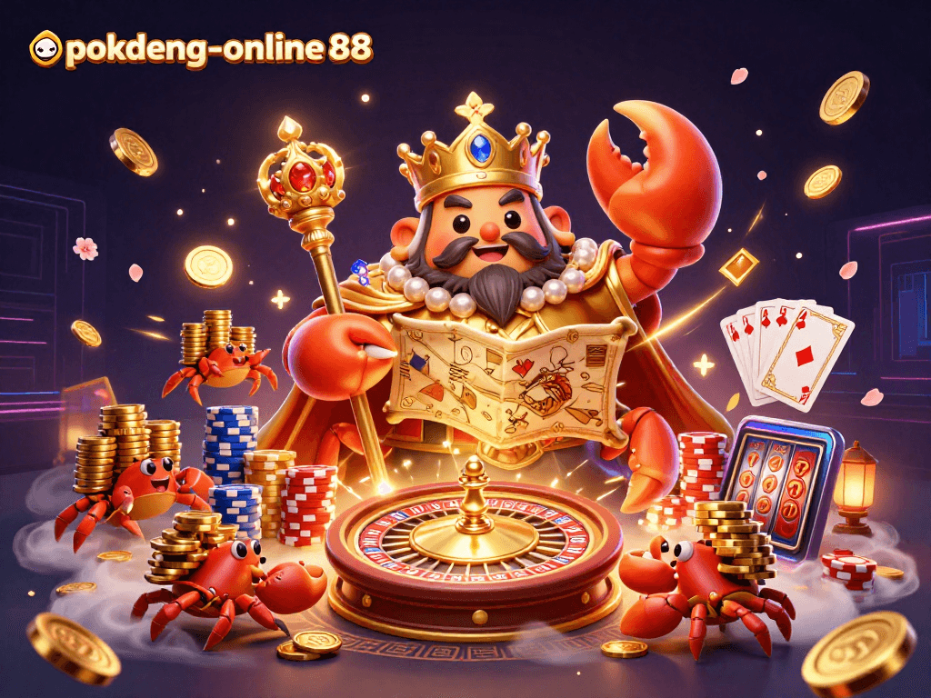 Experience the thrill of casino gaming with pokdeng-online88's vibrant 3D illustration showcasing a golden crab emperor.