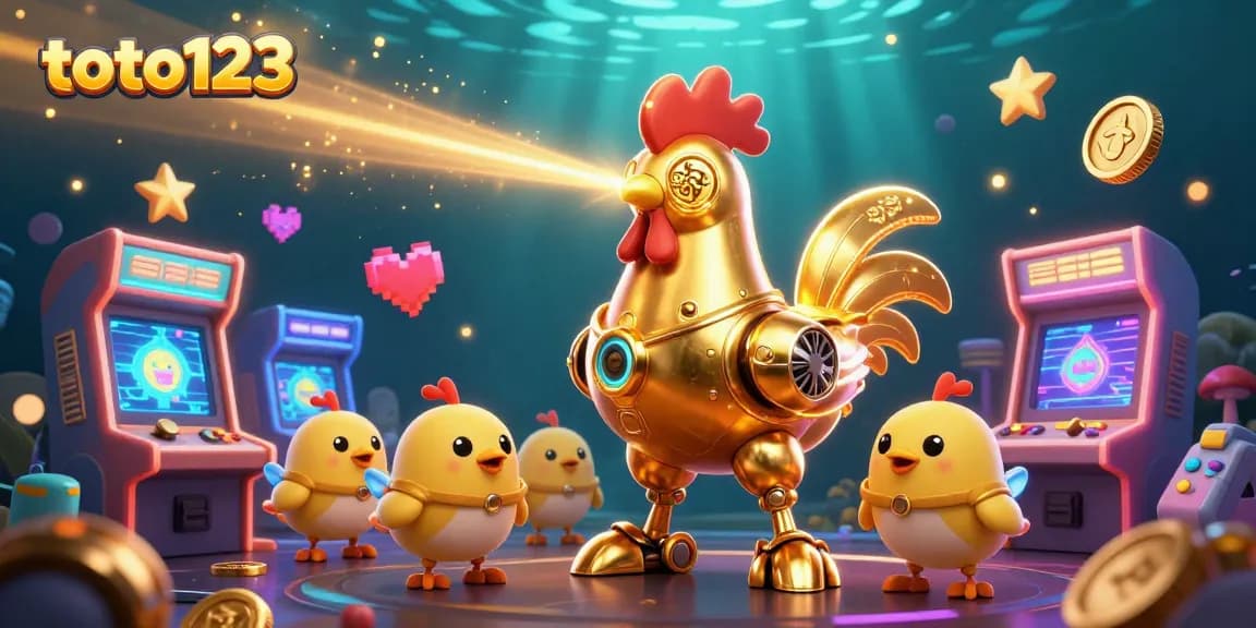 Engage with toto123 as the golden rooster robot navigates a colorful arcade casino scene, showcasing vibrant gaming excitement.