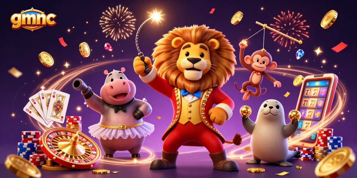 Experience thrills with gmnc as vibrant circus characters celebrate with cascading coins and spinning roulette.