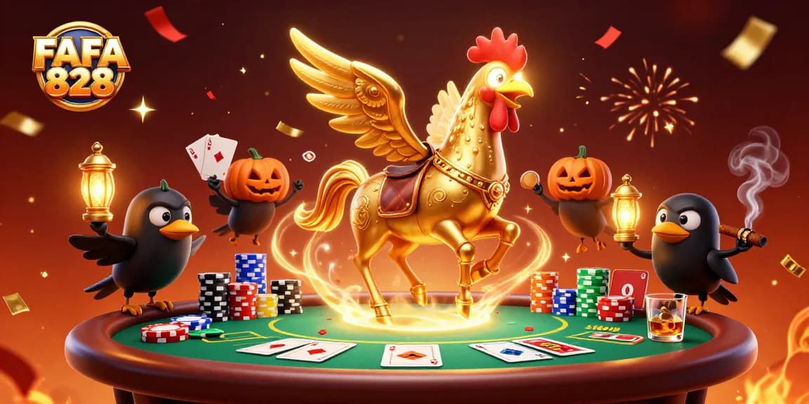 Join the FAFA 828 gaming excitement with golden rooster and poker action in a vibrant casino.
