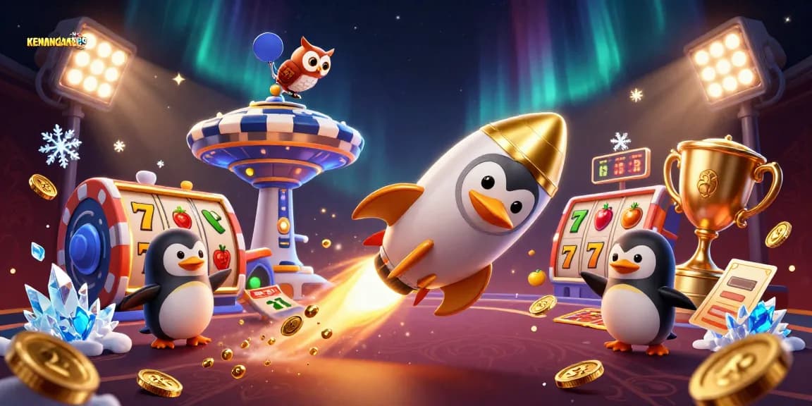 KENANGAN889 showcases a golden penguin soaring towards a casino-themed space station.