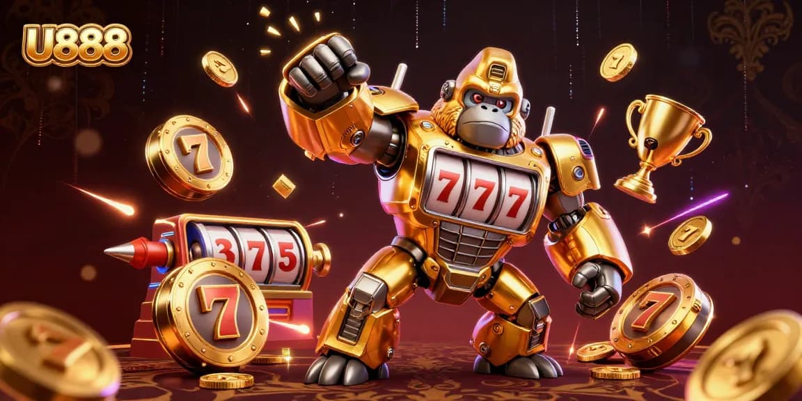 Experience U888's thrilling gaming environment with a golden gorilla mech and exciting slot action.
