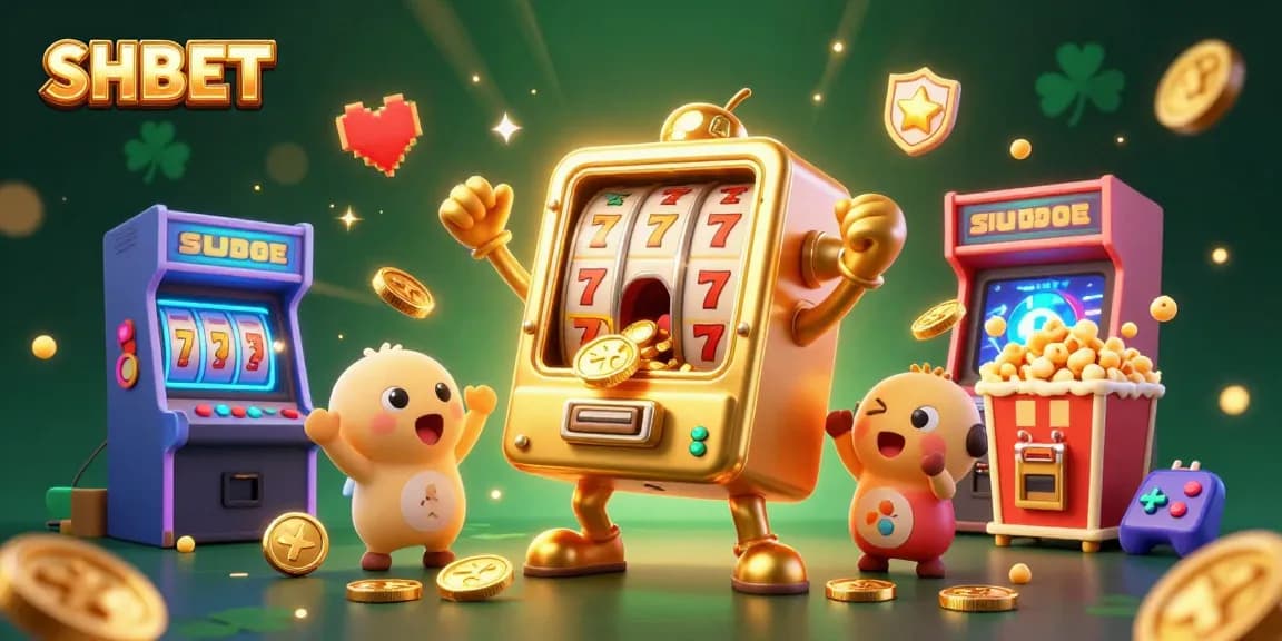 SHBET slots jackpot excitement with golden slot machines celebrating a big win amid dynamic casino graphics.