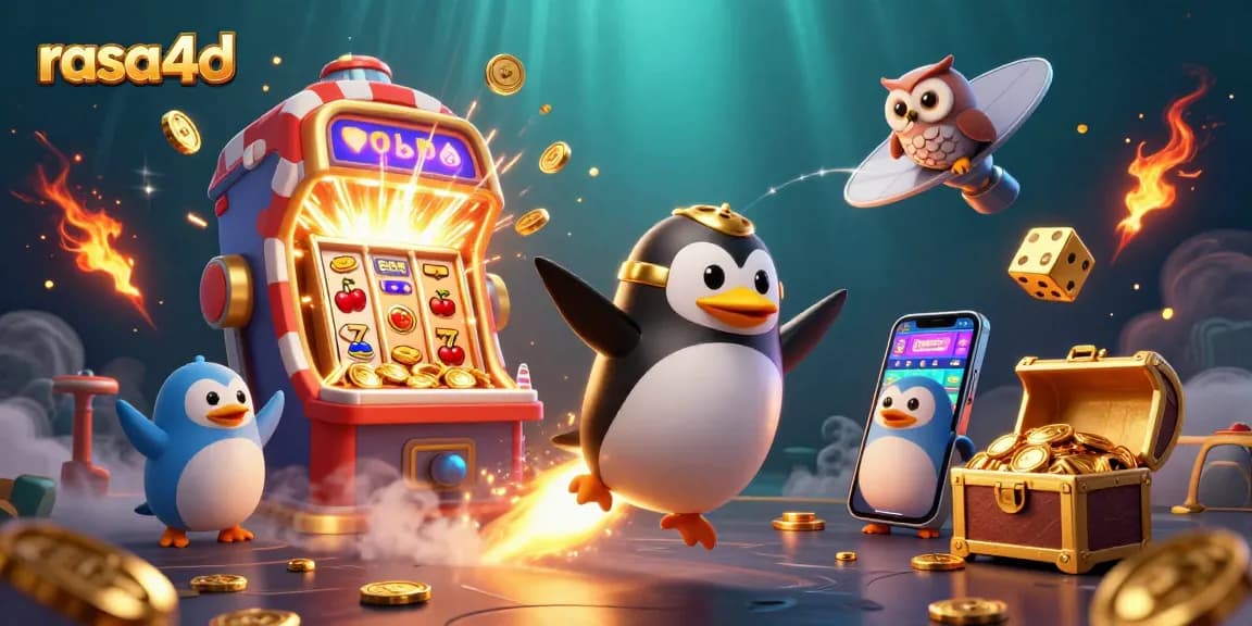 Mengalami keseruan bermain di rasa4d, dengan penguin emas dan mesin slot dalam suasana gemerlap kasino.