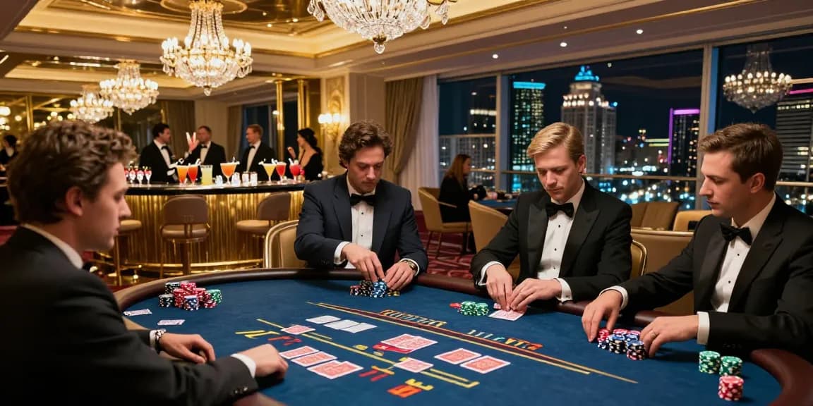 High-end poker game at an elegant casino featuring players enjoying high stakes with vibrant chips and luxury decor, highlighting iwin.