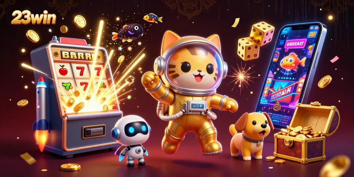 Experience vibrant gaming at 23win with an astronaut cat and dynamic slot machine elements.