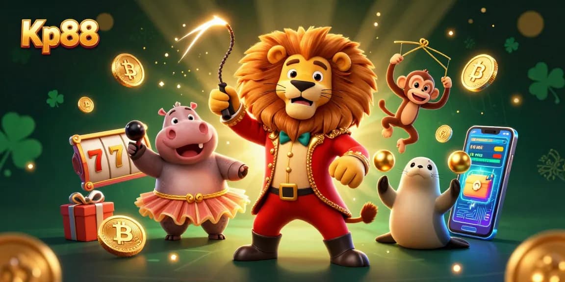 Experience Kp88 slots excitement with animated circus characters and vibrant casino elements.