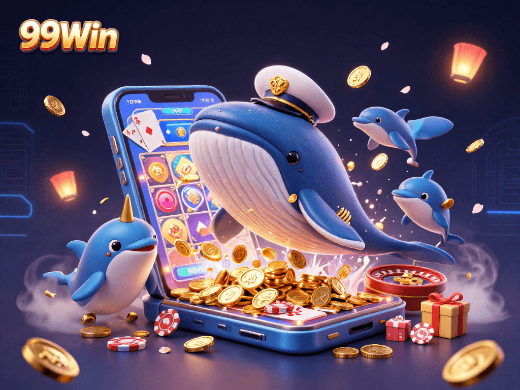 Experience excitement with 99Win, featuring a whimsical whale and narwhal in a festive casino scene.