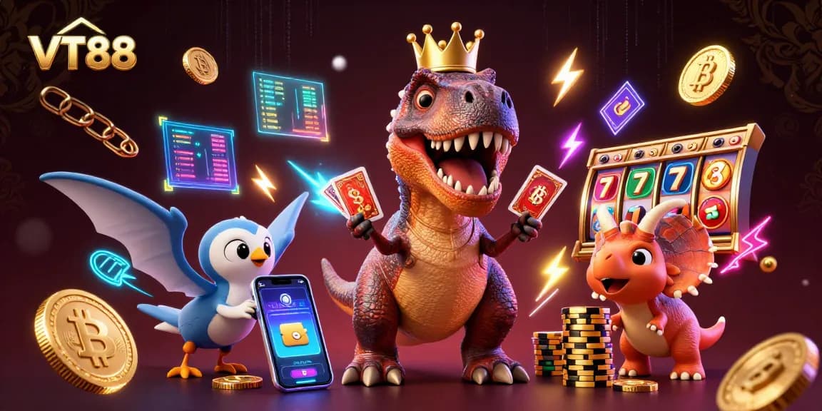 VT88 energizes gameplay with a T-Rex shuffling cards, colorful casino elements energizing the scene.