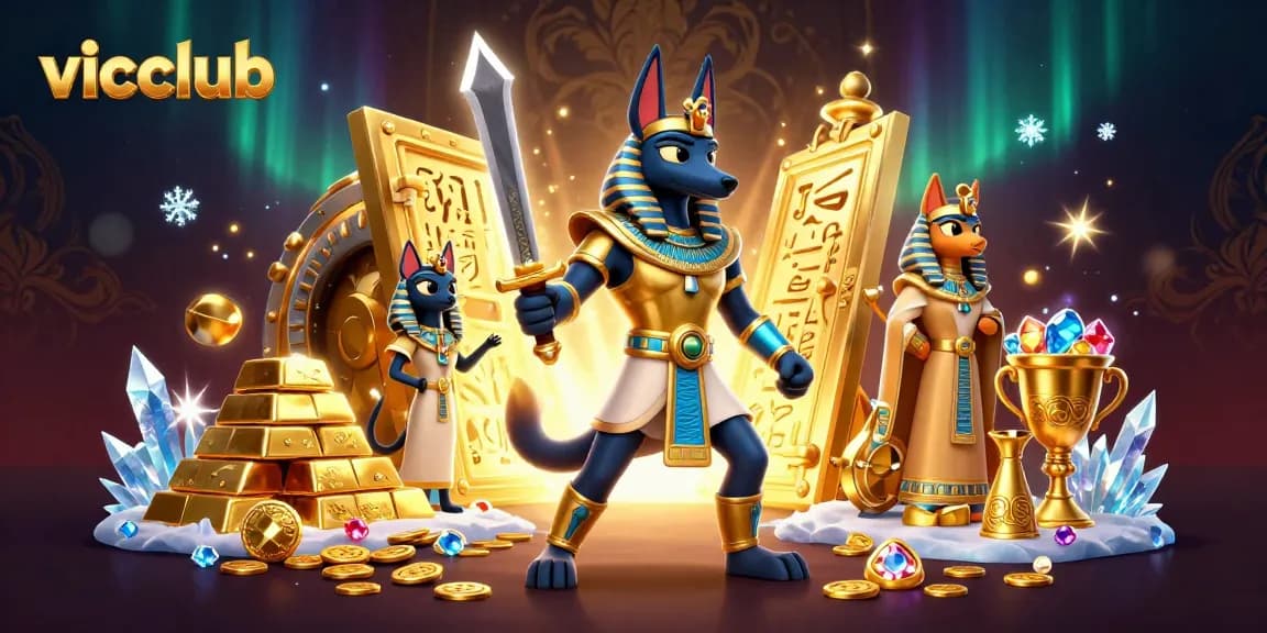 Engage with vicclub's vibrant scenes featuring Anubis and Bastet amidst golden treasures.