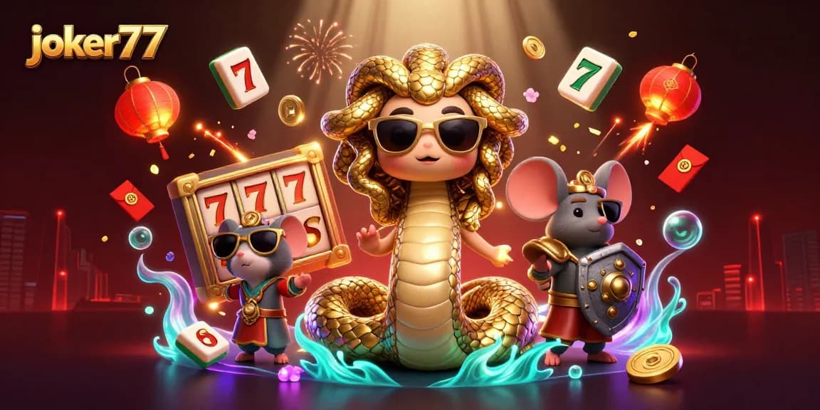 Play exciting slot games with joker77 in a vibrant, festive casino scene.