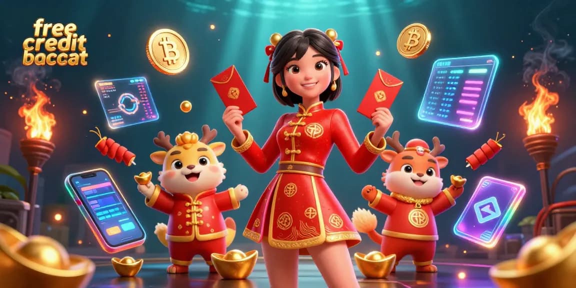 Win with free credit baccarat in vibrant Lunar New Year-themed 3D casino illustration featuring dazzling elements.