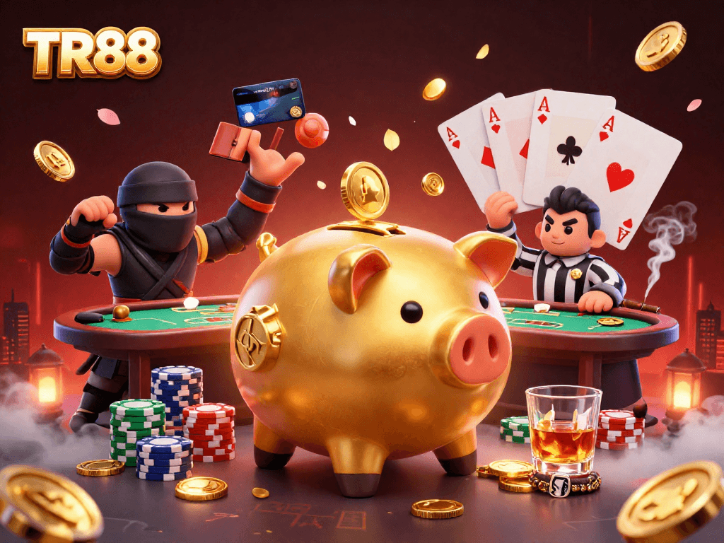 TR88 brings excitement as a golden piggy bank sums up coins in a thrilling casino showdown.