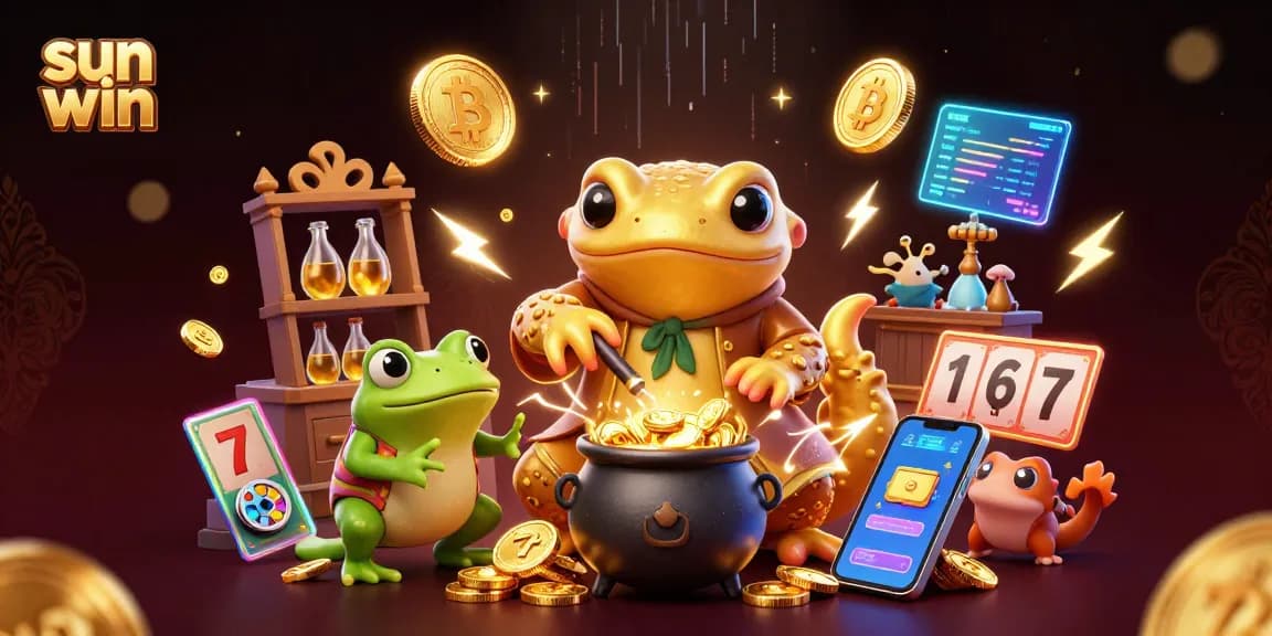 Experience thrilling wins with "sun win" in this vibrant 3D casino scene filled with gold and crypto elements.