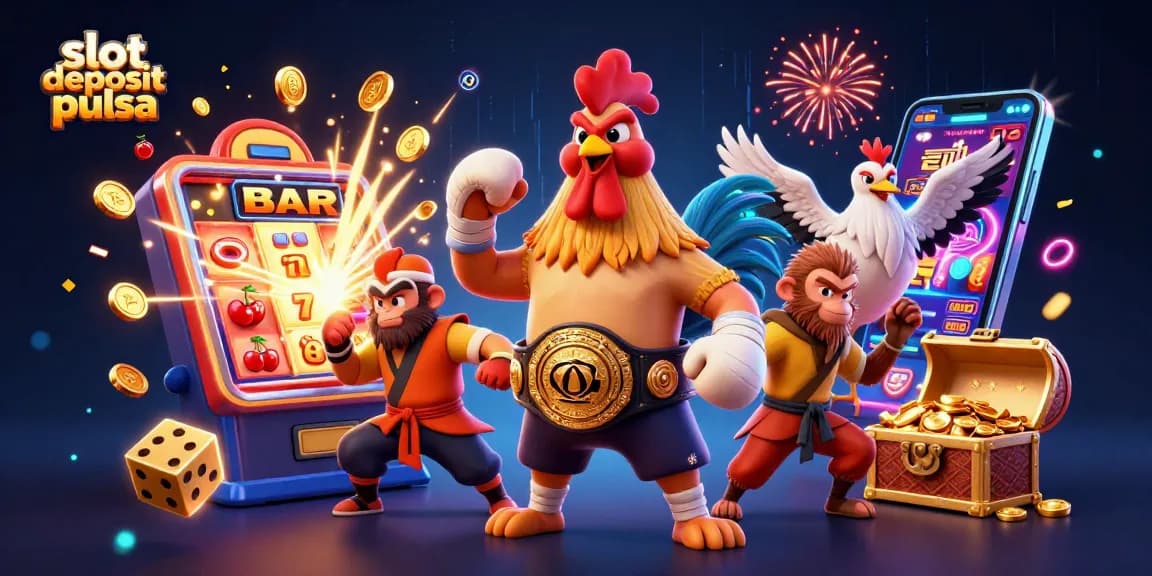 Mainkan slot deposit pulsa dengan petarung ikonik dalam ilustrasi 3D cerah.