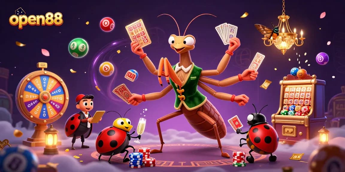 Join the excitement at open88 with vibrant lottery balls, a card sharp, and a ladybug pit boss in a colorful casino scene.