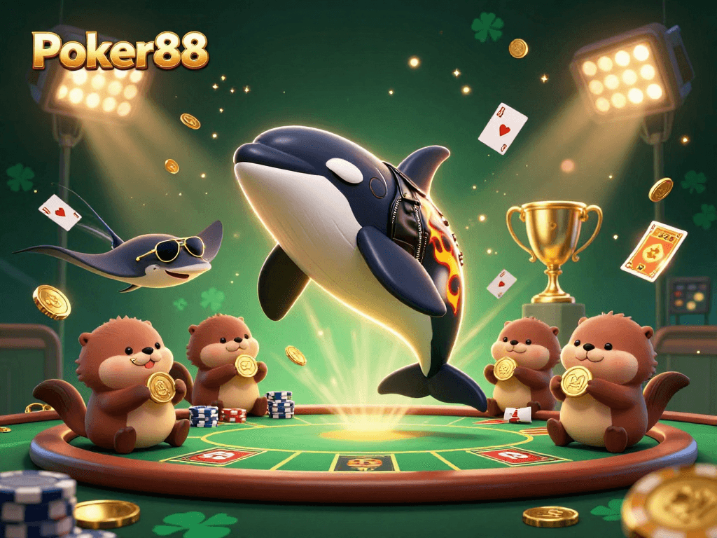 Engage with Poker88's thrilling poker action featuring colorful card games and coins.