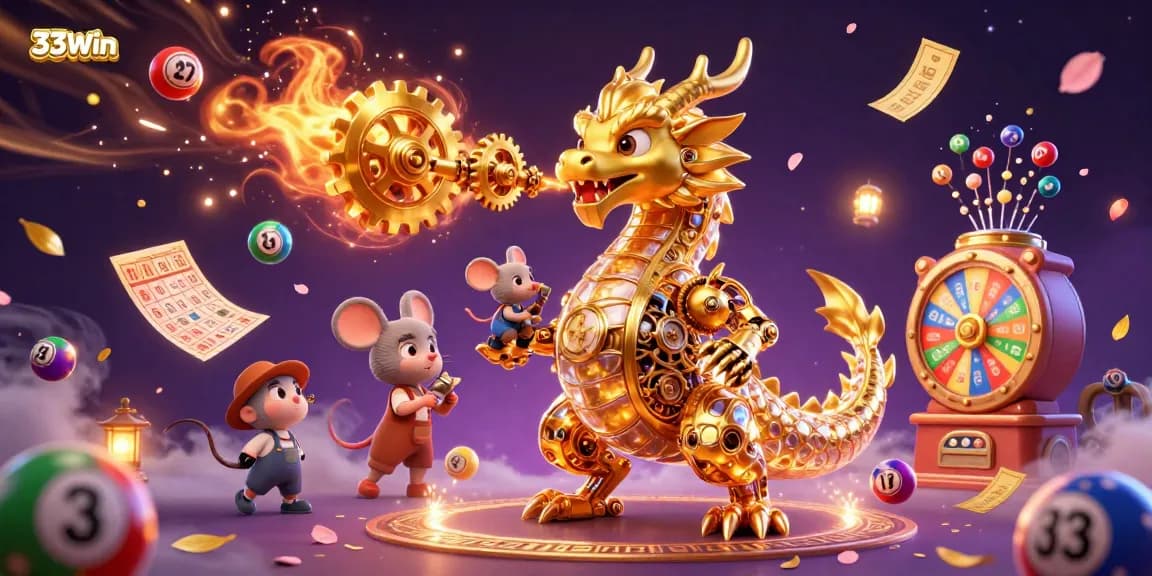 Experience the thrill of winning with 33Win in this vibrant casino scene featuring dynamic lottery elements.
