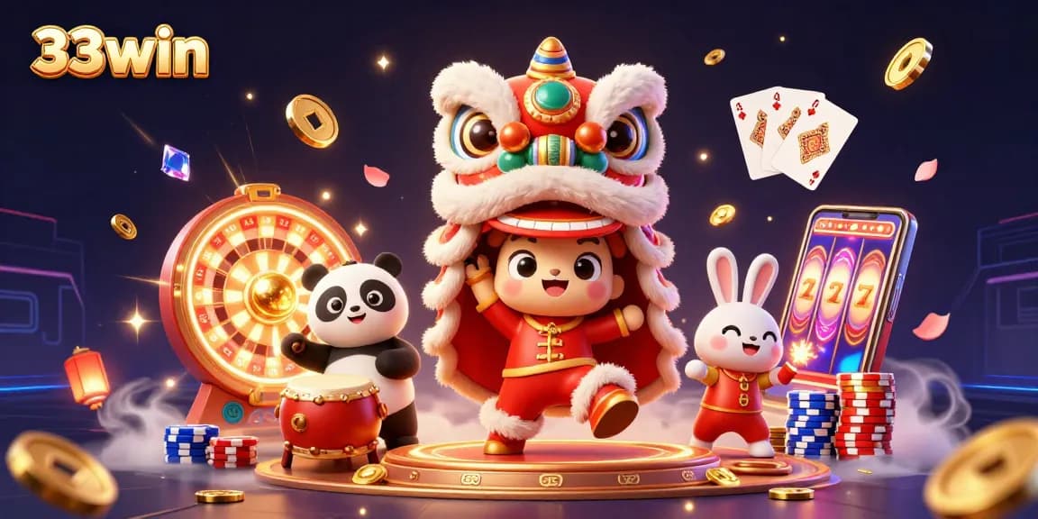 Engage with 33win's vibrant casino scene featuring a lion dance and dynamic game elements.