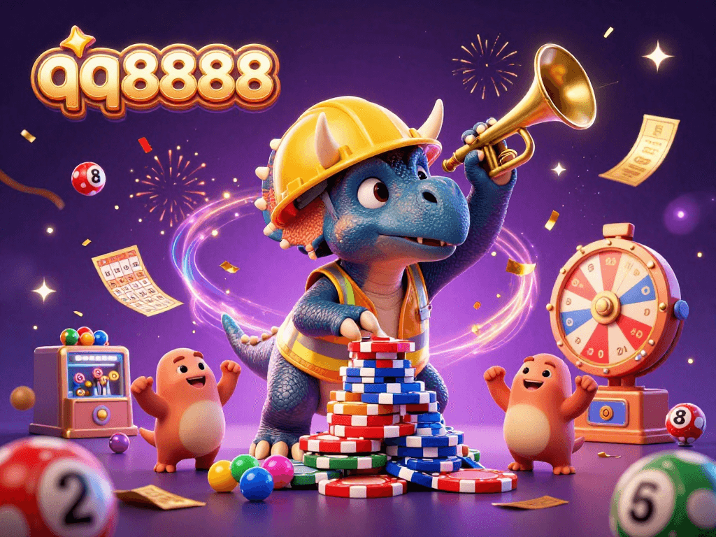 Engage in the qq8888 casino excitement with a vibrant celebration scene featuring dinosaurs creating a poker chip pyramid.
