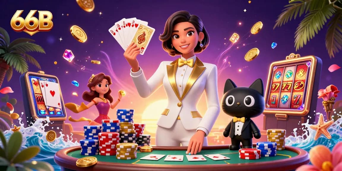 Experience thrilling gameplay with 66B as a glamorous dealer showcases winning cards and poker chips in an exhilarating casino scene.
