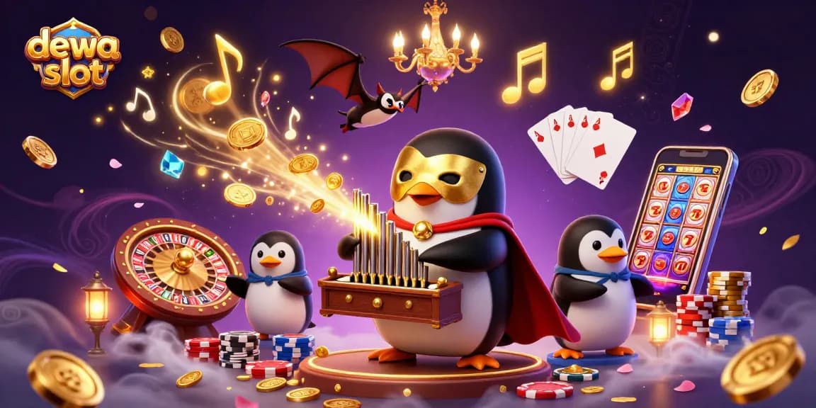 Engage in the adventure of dewa slot with a 3D penguin organist and dynamic casino elements.