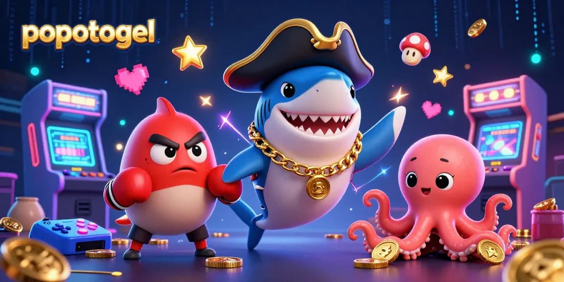 Experience thrilling gameplay with popotogel, featuring cartoon pirate shark, pufferfish, and octopus surrounded by casino elements.