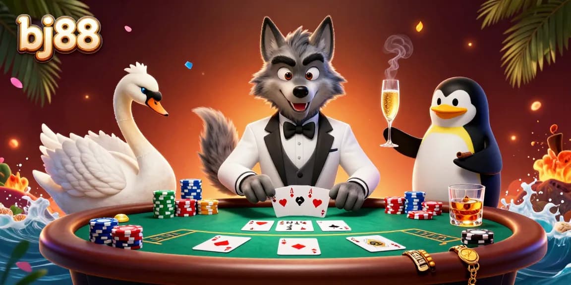 Experience thrilling baccarat action with bj88's vibrant 3D gaming scene featuring animal hosts and dynamic casino elements.
