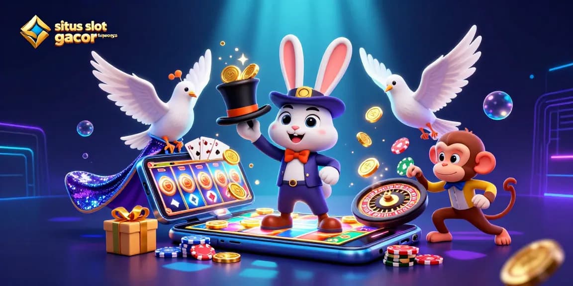 Situs slot gacor terpercaya menampilkan kelinci penyihir menarik koin dari topi, ditambah game slot online dan elemen kasino lainnya.