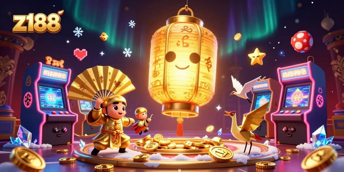 Engaging scene showcasing z188 with golden lantern spirit and colorful casino elements highlighting vibrant gaming experience.