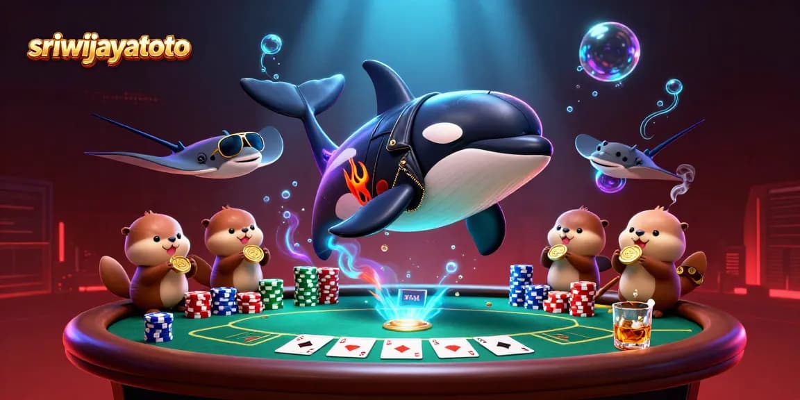 Sriwijayatoto showcases a vibrant underwater casino scene with characters celebrating wins.