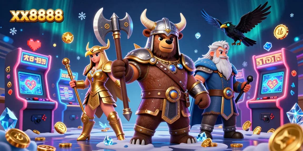 Play exciting games at xx8888's vibrant casino atmosphere with a dynamic Viking and Valkyrie scene.