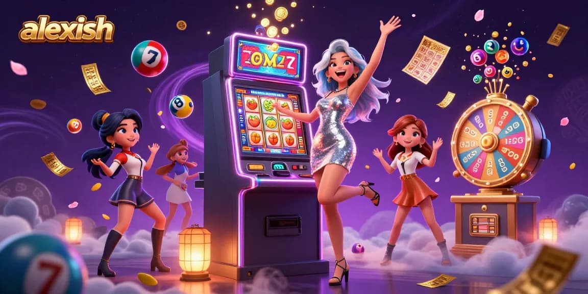 Win big with alexish at an exciting slot machine explosion surrounded by vibrant casino elements.