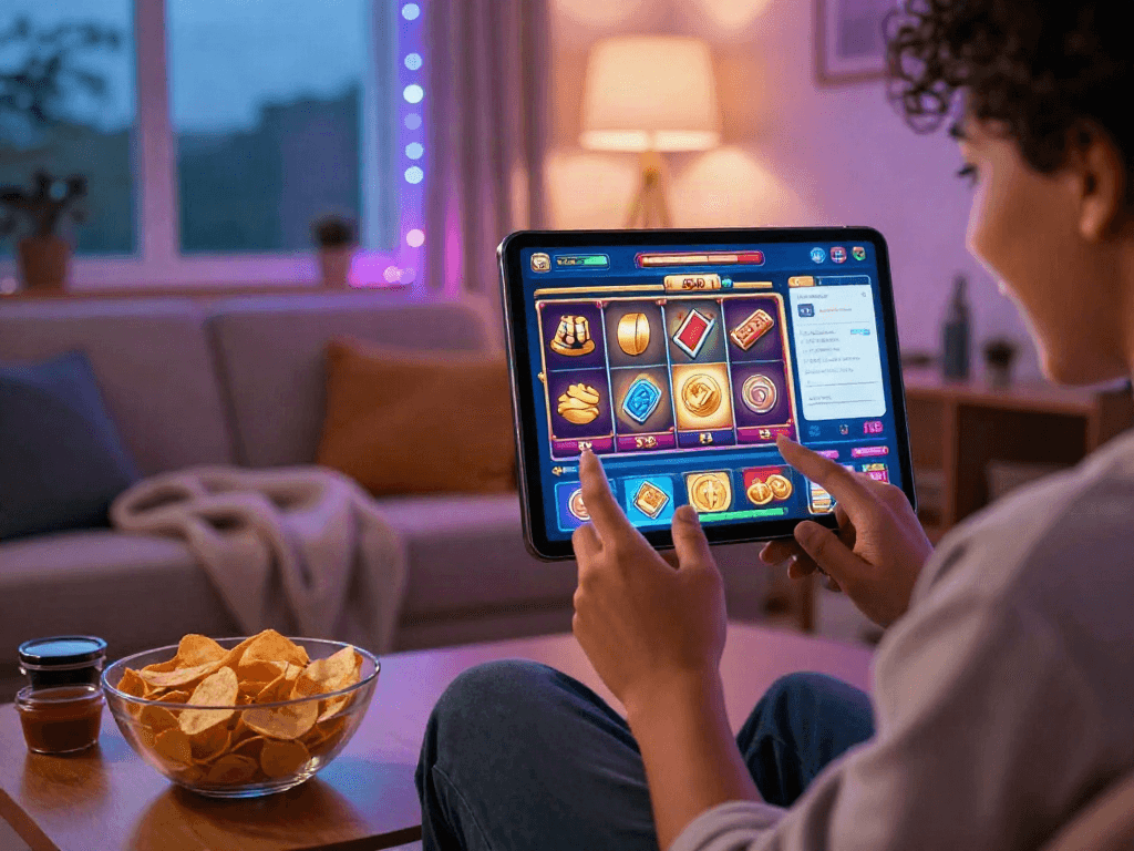 Engaging scene of online gaming with bandar slot excitement in a cozy living room