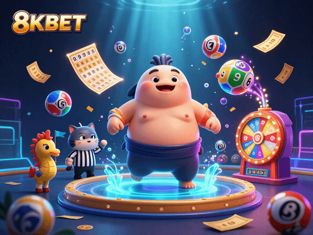 Engage with 8KBET featuring fun 3D cartoon casino elements in an underwater scene.