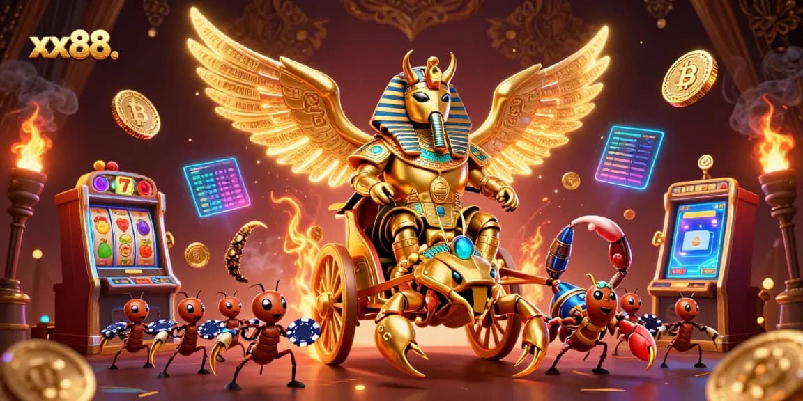 Experience winning with xx88 in a vibrant casino scene featuring a golden scarab and rich game elements.