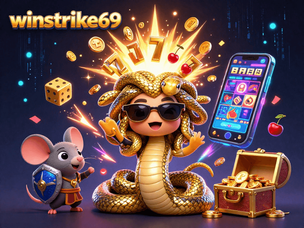 Winstrike69 showcases a fun, friendly casino scene with characters and vibrant slot elements.