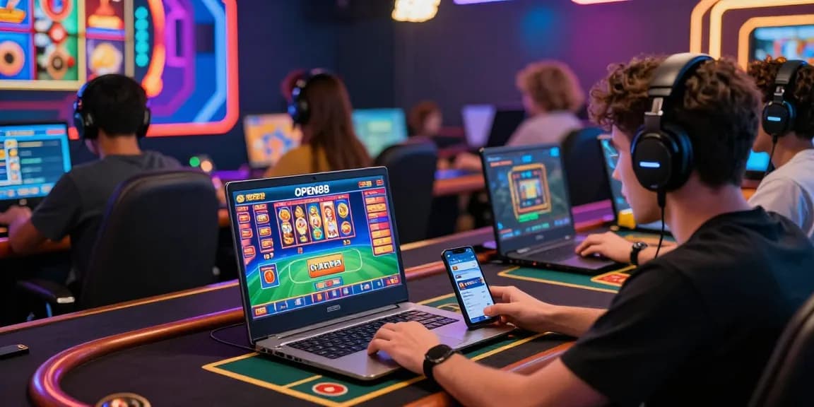 Engaged players experiencing the OPEN88 online gaming platform with vibrant casino graphics.