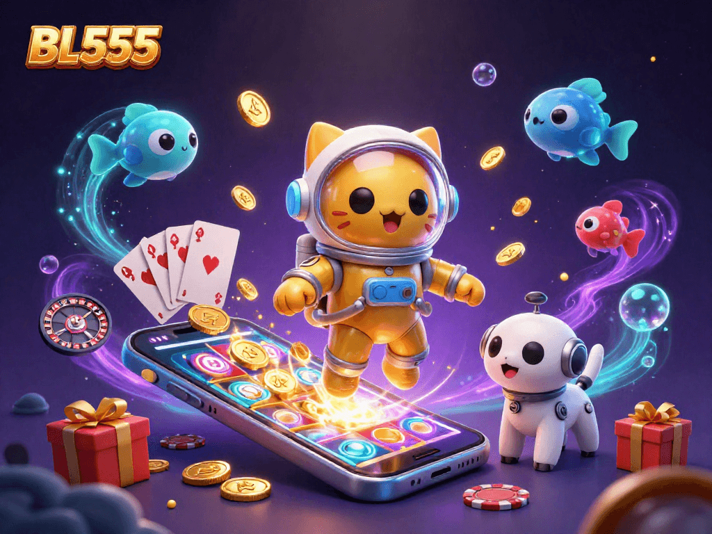 Experience winning with BL555, featuring vibrant slot games, dazzling coins, and dynamic atmosphere.
