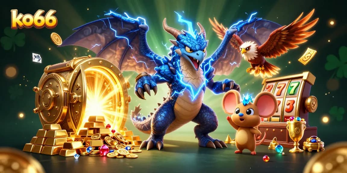 Experience the vibrant thrills of ko66 with dynamic slot reels and energetic characters in a rich casino scene.