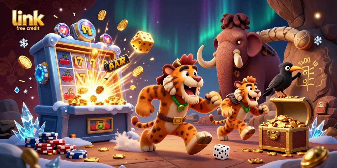Engage with link free credit offers, featuring lively casino characters in a vibrant 3D scene.