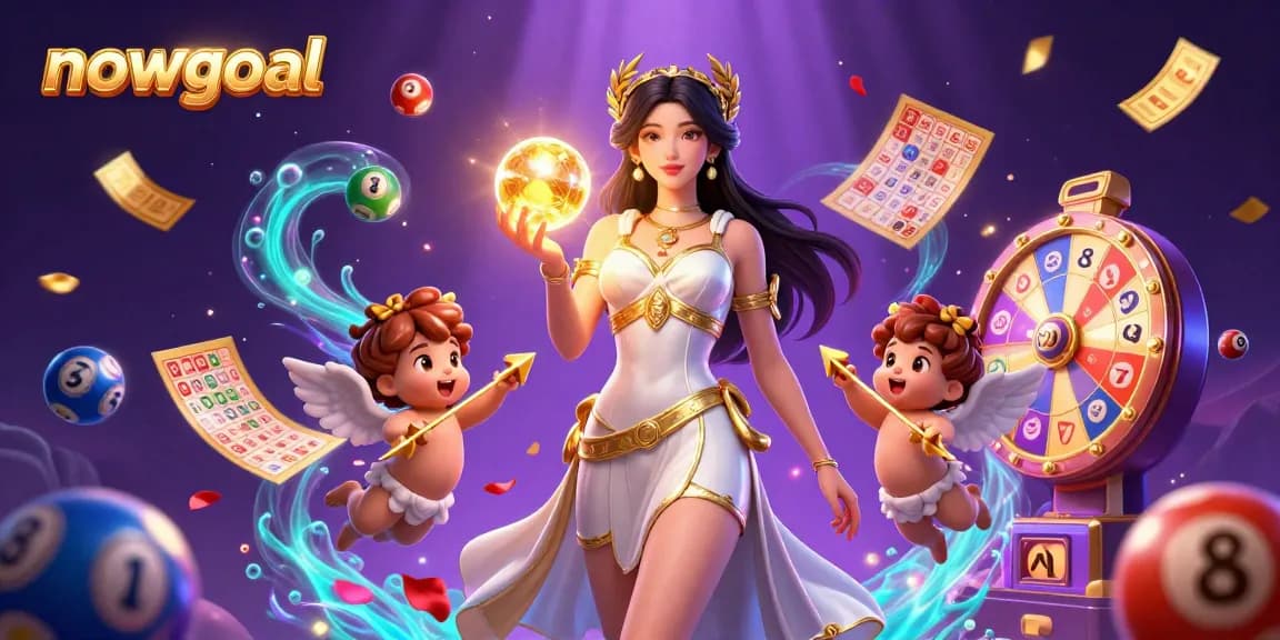 Engage with the nowgoal experience featuring a stunning goddess and dynamic lottery elements.