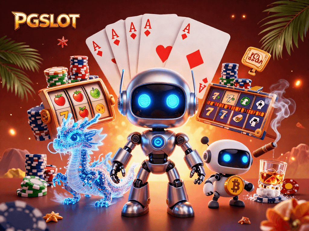 Spin PG SLOT reels in a vibrant casino scene with cyberpunk characters and colorful chips.