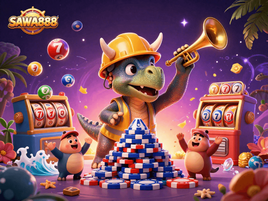 SAWA888's triceratops builds a pyramid of poker chips amidst colorful casino elements celebrating a winning atmosphere.