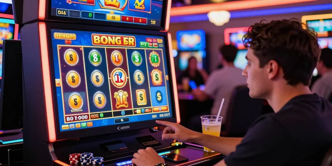 Engaging player enjoying bonus buy slots at https://crownnorthill.co.uk/, vibrant casino graphics and lively atmosphere.