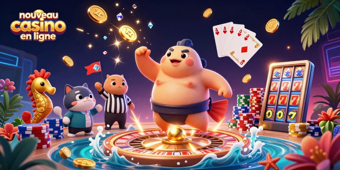 Nouveau casino en ligne présente une scène de casino sous-marin avec un fugu portant une ceinture mawashi.